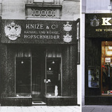 Adolf Loos, sartoria Knize, Vienna, 1910-13; fronte su strada, stato originario e veduta recente.